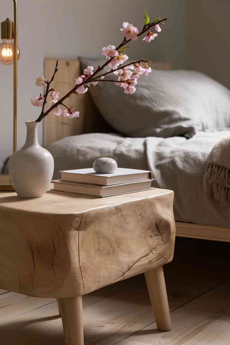 A close-up view of a Japandi-inspired bedside table made of light oak wood, featuring a simple ceramic vase with a single branch of cherry blossoms, a minimalist brass lamp, and a small stack of books with neutral-colored spines. The background shows a glimpse of a low bed with linen bedding in soft beige tones.