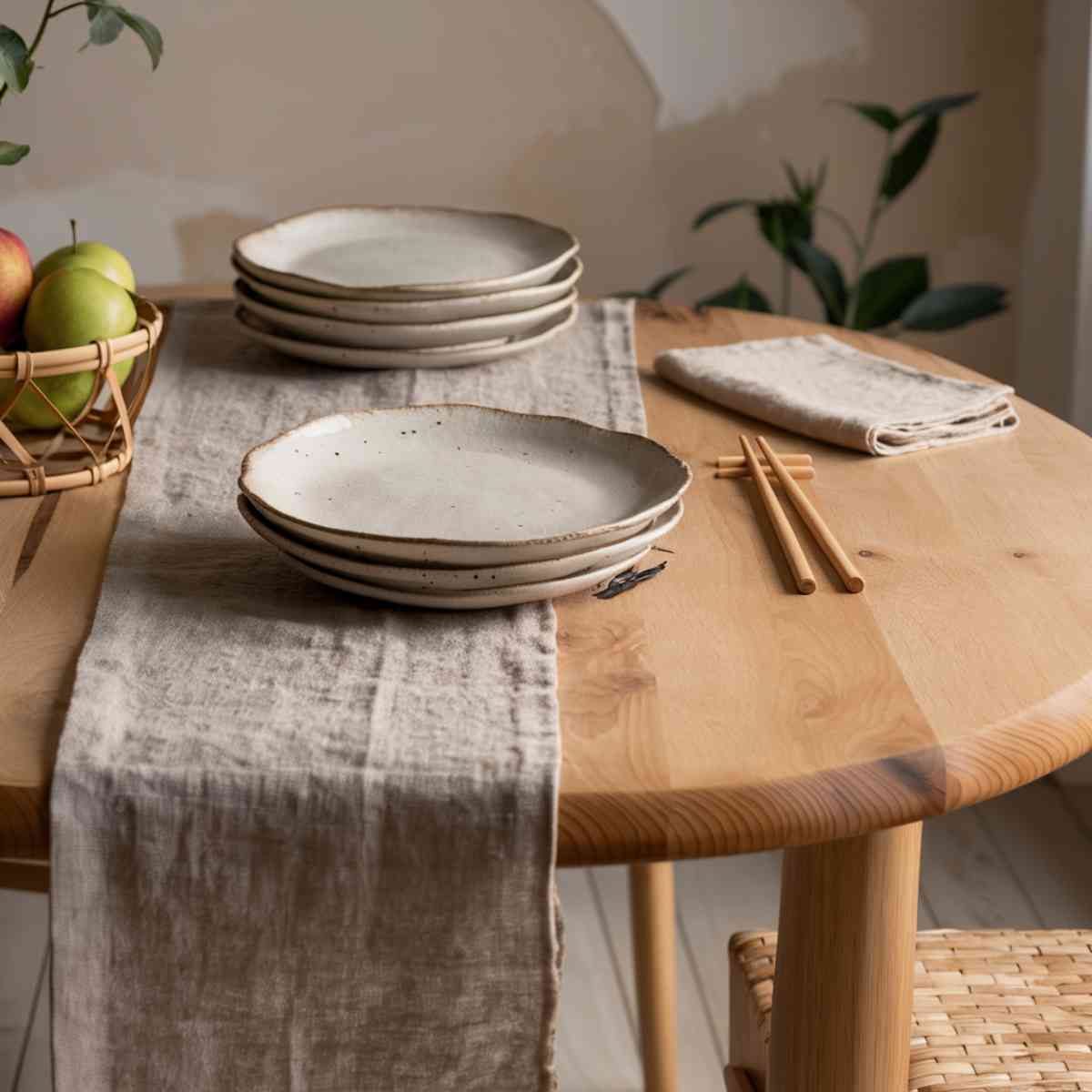 A Japandi-inspired dining area featuring a natural ash wood dining table with a smooth, matte finish. On the table, a linentable runner in a soft, muted gray is laid out, showcasing its natural weave. A set of handmade ceramic plates in off-white, with slight speckles and a raw, unglazed edge, are stacked neatly. Next to the plates, there is a bamboo fruit basket containing green apples, adding a subtle pop of color. A folded cotton napkin in a warm beige sits beside a set of minimalist wooden chopsticks.