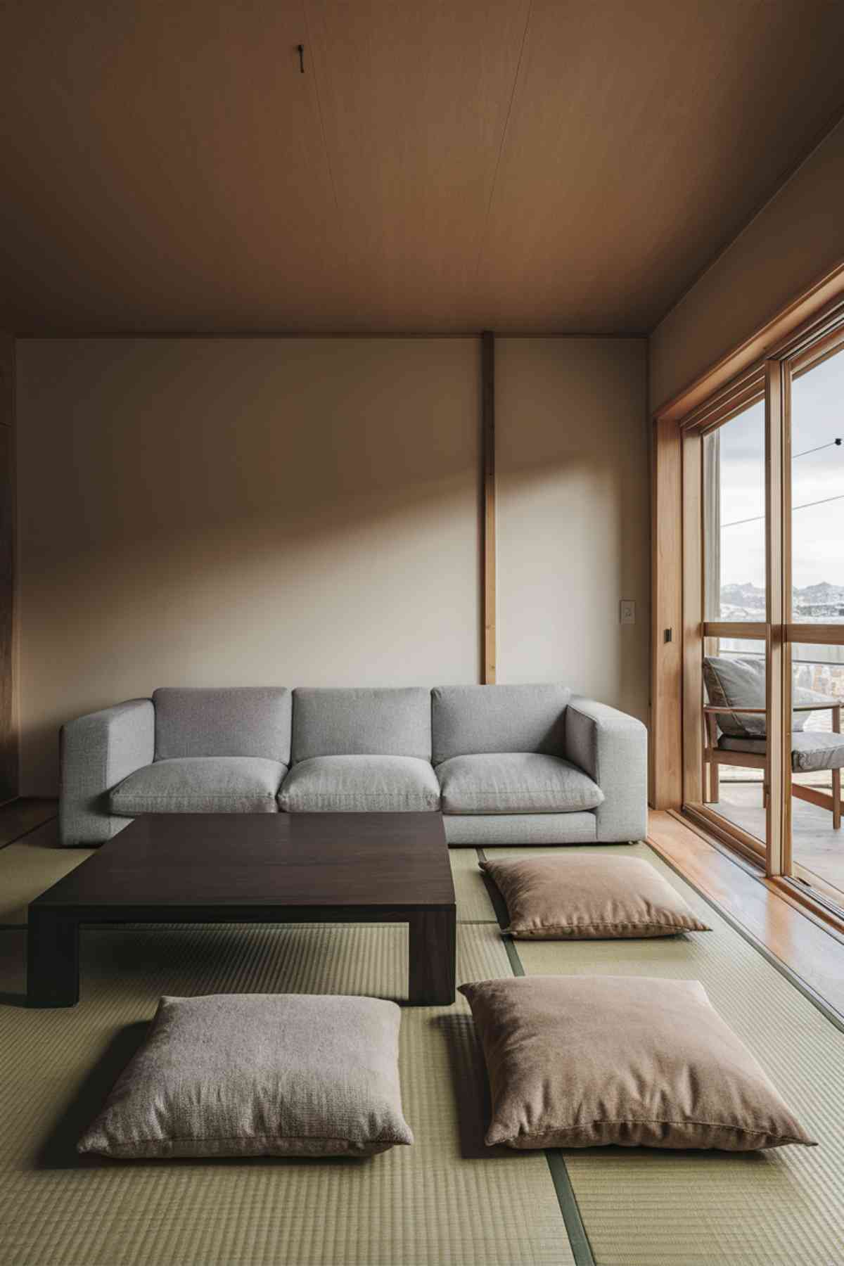 A Japandi living room featuring a low-profile light gray sofa, dark wood coffee table, and neutral floor cushions arranged on a tatami mat. The furniture has clean lines and minimal ornamentation, emphasizing the low-to-the-ground aesthetic.