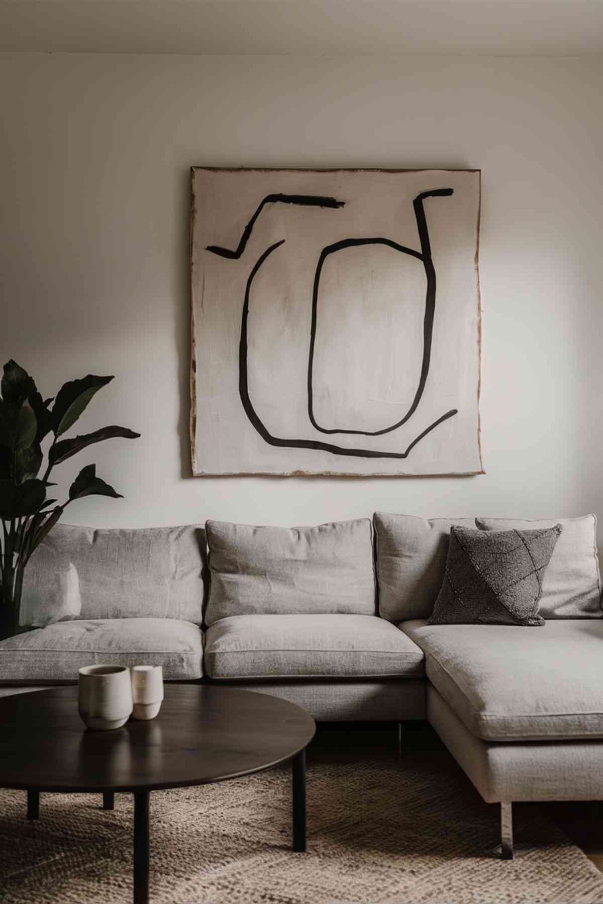 A Japandi living room wall featuring a large, minimalist abstract painting with simple black lines on a white background. The painting is the only piece on the wall, emphasizing the "less is more" approach.