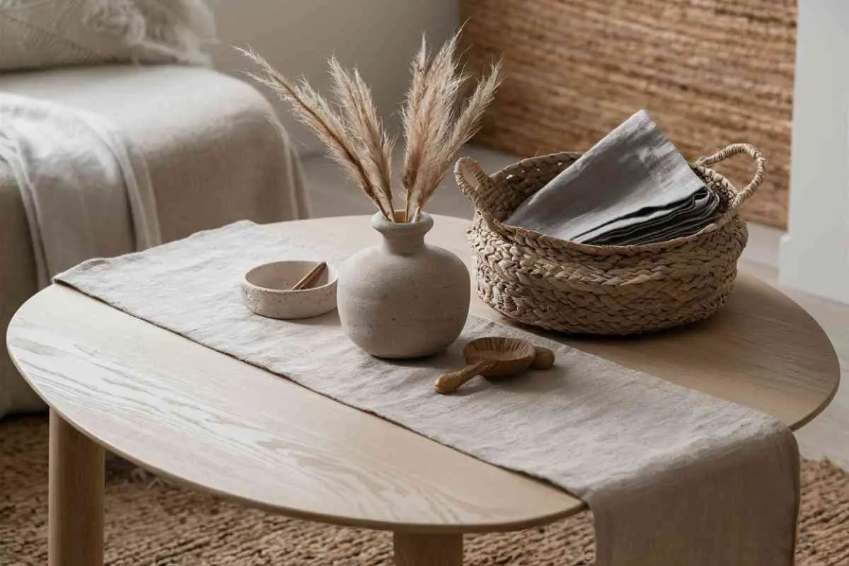 The image features a light oak coffee table with a smooth, matte finish, adorned with a minimalist linen table runner in a muted beige. A stoneware vase with a subtle, speckled texture holds a few dried pampas grass stems, adding an organic touch. Beside the vase, a handwoven seagrass basket is filled with neatly folded linen napkins in soft gray tones.