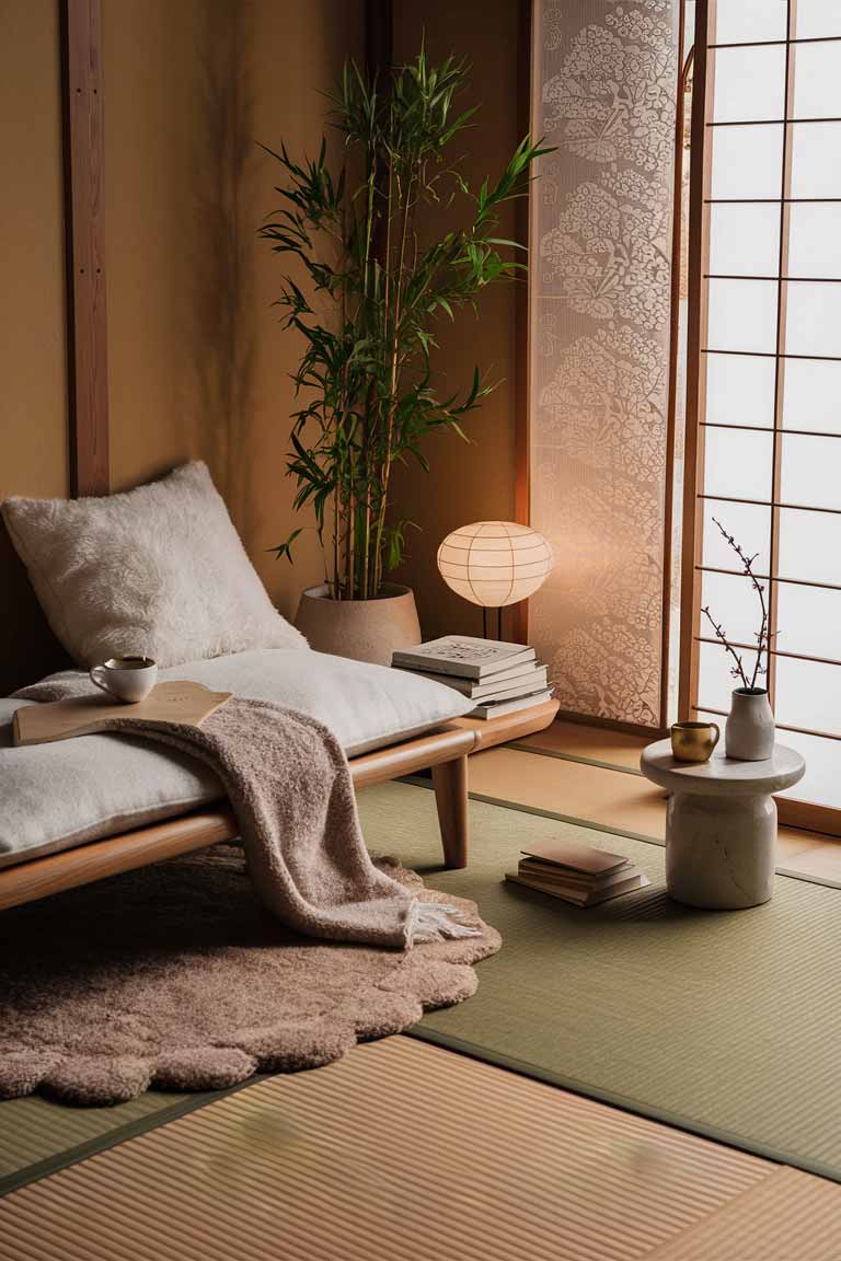 A Japanese-inspired reading nook featuring tatami mat flooring in a warm, natural shade. A low wooden bench with a plush white cushion, accented with a soft beige throw blanket, serves as comfortable seating. A cozy woolen area rug in a neutral tone is placed under the bench. A tall bamboo plant in a minimalist white ceramic pot adds a touch of greenery and tranquility. Nearby, a delicate paper lantern casts a soft, ambient glow. A shoji screen with intricate floral patterns partially encloses the space, filtering natural light to create a serene and intimate atmosphere. On the bench, there’s a small wooden side table with a stack of books, a steaming cup of tea, and a simple ceramic vase with a single branch of cherry blossoms.