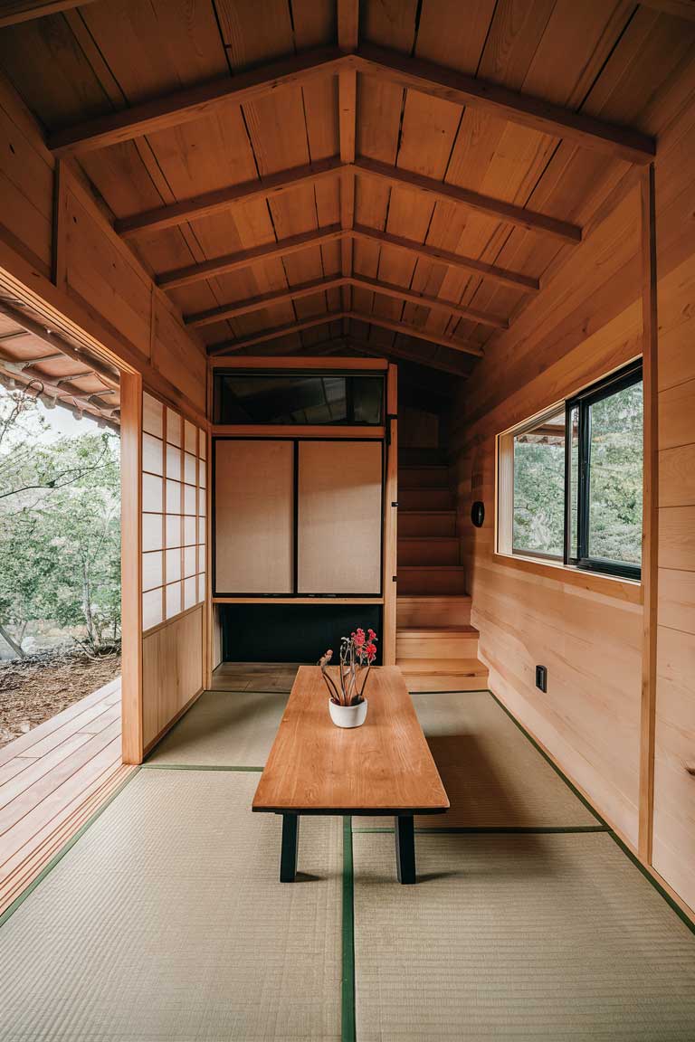 A Japanese tiny house interior features traditional tatami mats, which provide a natural, comfortable flooring solution that helps regulate humidity and temperature.