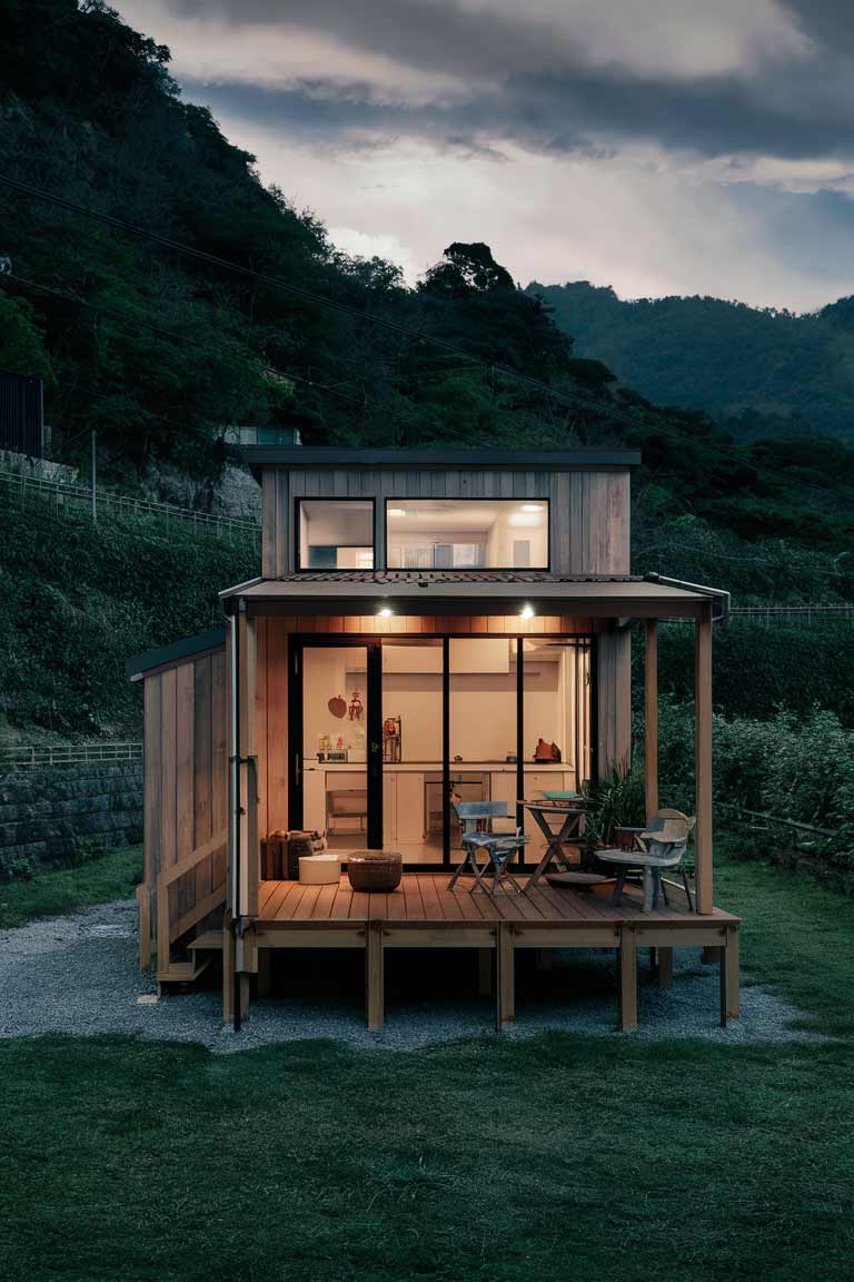 A Japanese tiny house with a well-designed outdoor terrace or balcony, offering an extension of the living area and a space for relaxation and connection with nature.