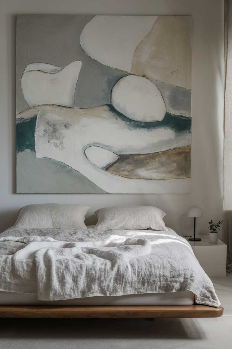 A large, abstract painting in muted tones hanging above a simple bed. The painting's subtle colors and minimalist style complement the room's aesthetic without dominating the space.