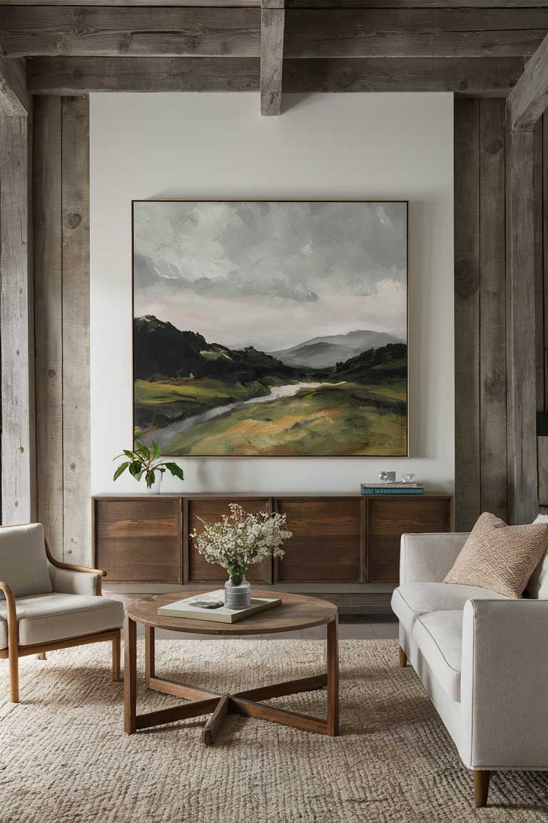 A large, minimalist landscape painting hung above a simple wooden console in a rustic living room.