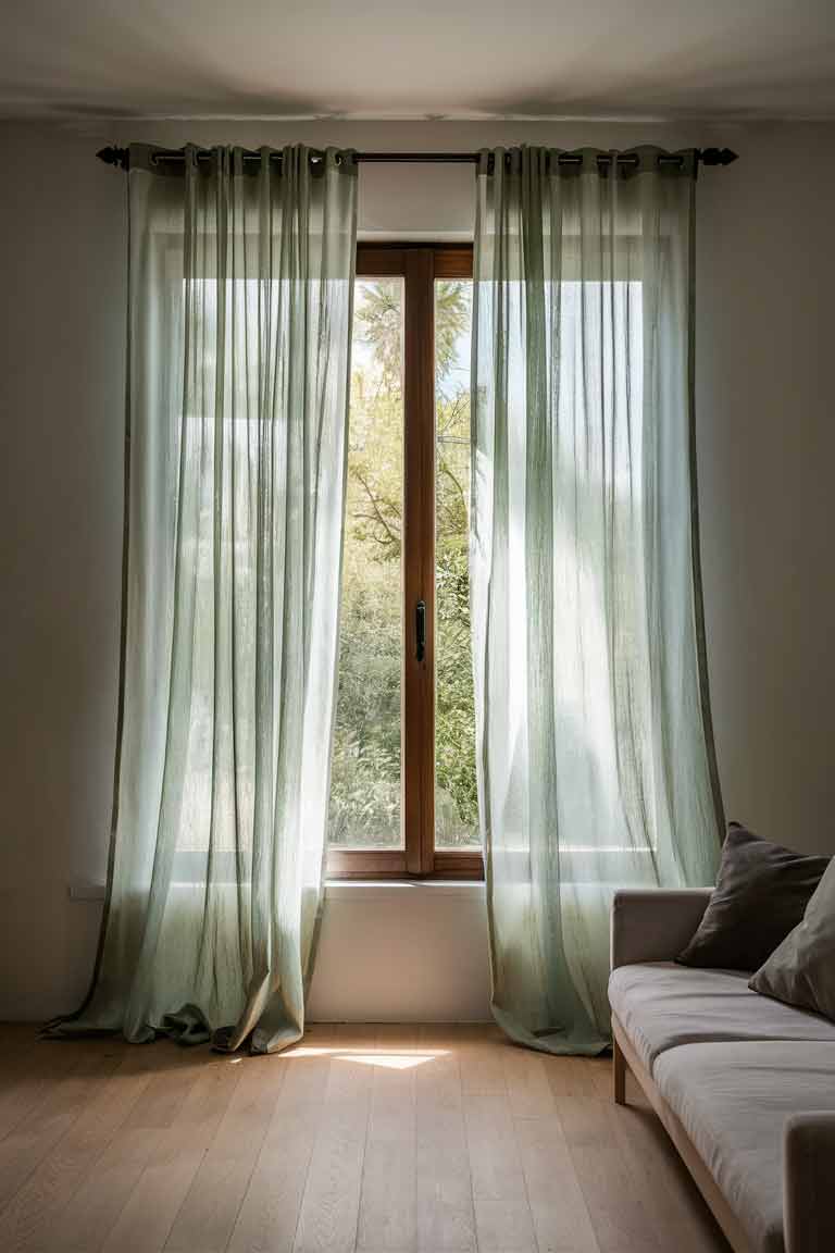 A large window dressed with light, sheer sage green curtains billowing gently in a breeze.