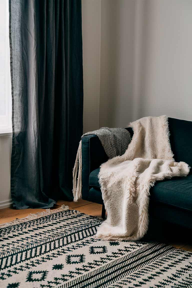 A layered textile arrangement in a minimalist living room corner.