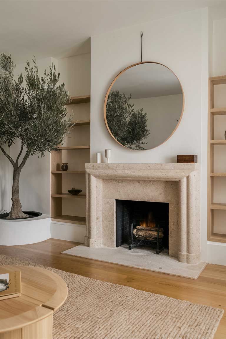 A living room centered around a minimalist fireplace with a natural stone surround. The fireplace is flanked by built-in wooden shelves holding a few carefully chosen objects. A large indoor plant, like a mature olive tree, stands in one corner, acting as a living sculpture. An oversized round mirror with a thin wooden frame hangs above the fireplace, reflecting the room and amplifying the light.