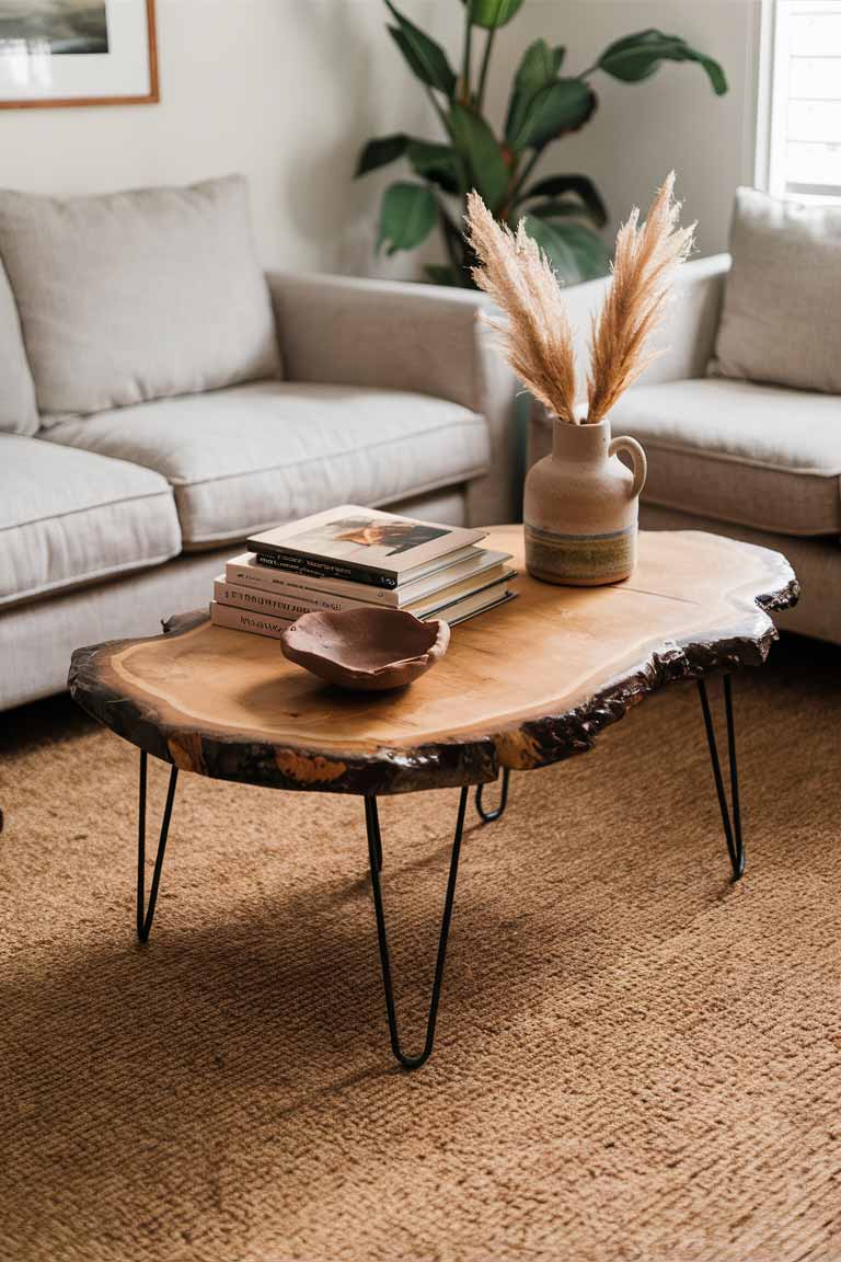 A living room centered around a unique coffee table. The table is made from a slice of natural wood with a live edge, supported by simple metal hairpin legs. On its surface, a small stack of art books, a ceramic vase with dried pampas grass, and a handmade clay bowl create an artful display. The organic shape of the table contrasts beautifully with the clean lines of the surrounding furniture.