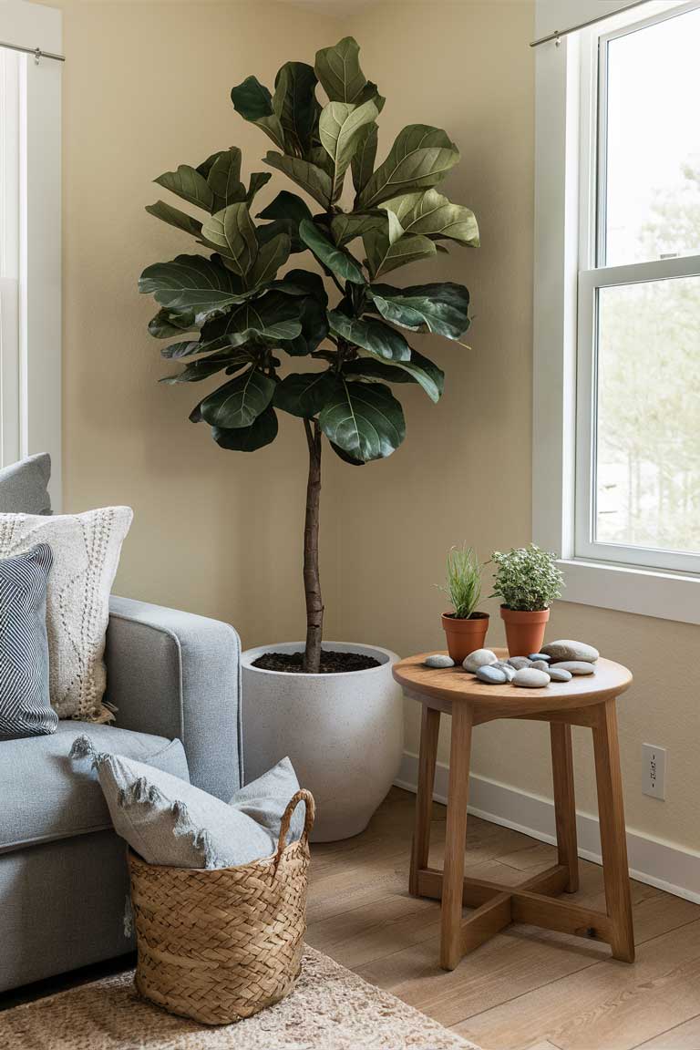 A living room corner featuring a large fiddle leaf fig tree in a simple white pot. On a nearby wooden side table, small potted herbs sit next to a collection of smooth river stones. A woven basket on the floor holds extra throw pillows.