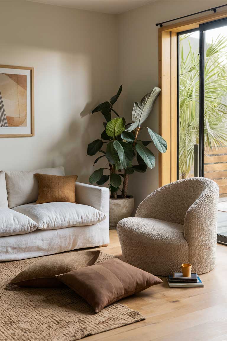 A living room corner featuring a low-profile linen sofa in a light beige color. Next to it is an oversized chair upholstered in a textured natural fabric. A few floor cushions in earthy tones are arranged near a large potted plant, creating a cozy seating area.