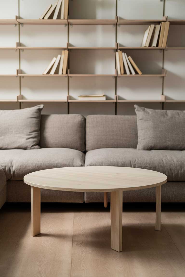 A living room featuring a round, slim-profile coffee table made of light wood. Behind the sofa, a wall is adorned with floating shelves in a modular arrangement. The shelves hold a few carefully arranged books and minimalist decorative objects.