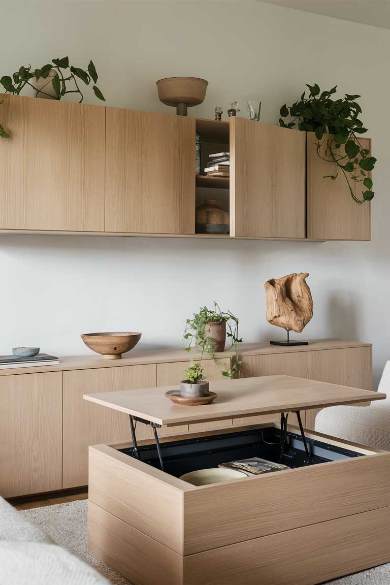 A living room featuring clever, minimalist storage solutions. A sleek, wall-mounted cabinet in light wood provides hidden storage. On top, a few carefully arranged items are displayed: a ceramic bowl, a small plant, and a natural wood sculpture. The coffee table has a lift-top feature, revealing interior storage. The overall effect is clean and uncluttered, allowing the organic elements to stand out.