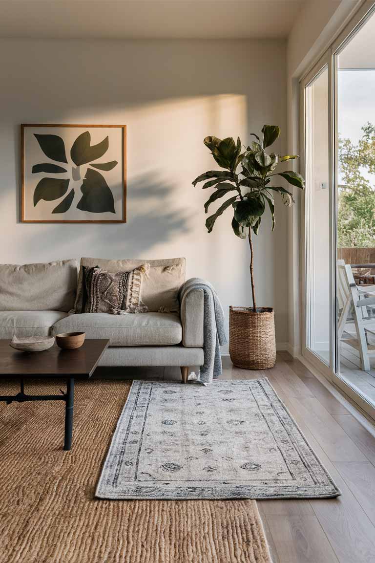 A living room floor showcasing layered rugs - a large neutral jute rug underneath a smaller, subtly patterned wool rug.