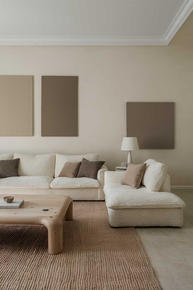 A living room in cream and taupe tones with a low-profile sofa, a simple wooden coffee table, and a neutral-colored rug. The walls are adorned with minimalistic taupe and beige art.