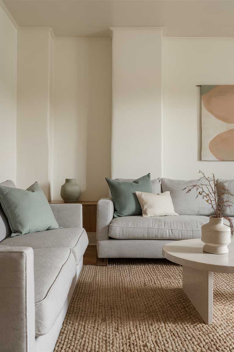 A living room showcasing a neutral color palette with muted color accents. The walls are a warm white, with a light grey sofa and beige rug. Accents of muted sage green appear in a throw pillow and a ceramic vase. A piece of abstract art on the wall incorporates soft terracotta tones. The overall effect is calming and harmonious.