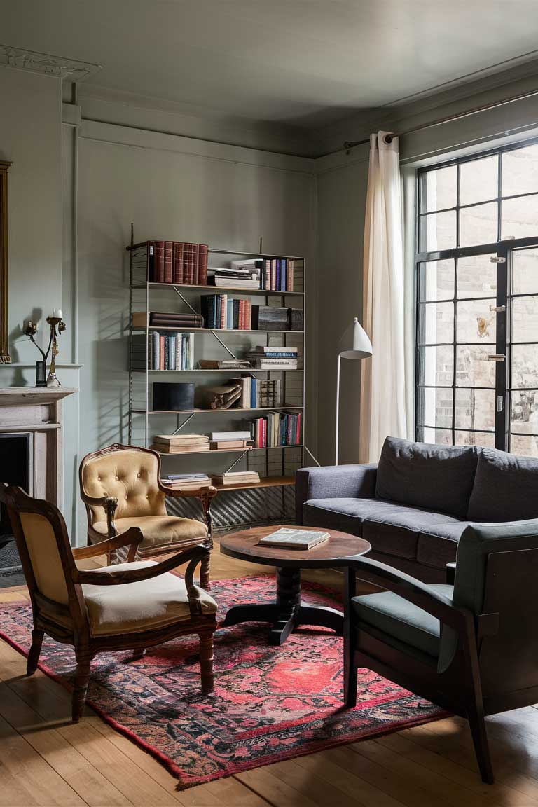 A living room showcasing a sleek modern sofa alongside vintage wooden armchairs and an industrial metal bookshelf.