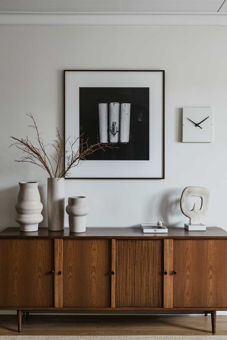 A living room sideboard styled with minimalist decor. A large black and white photograph hangs centered above it. On the sideboard, there's a grouping of three ceramic vases in varying organic shapes and sizes, a sleek Scandinavian-designed wall clock, and a simple abstract sculpture.