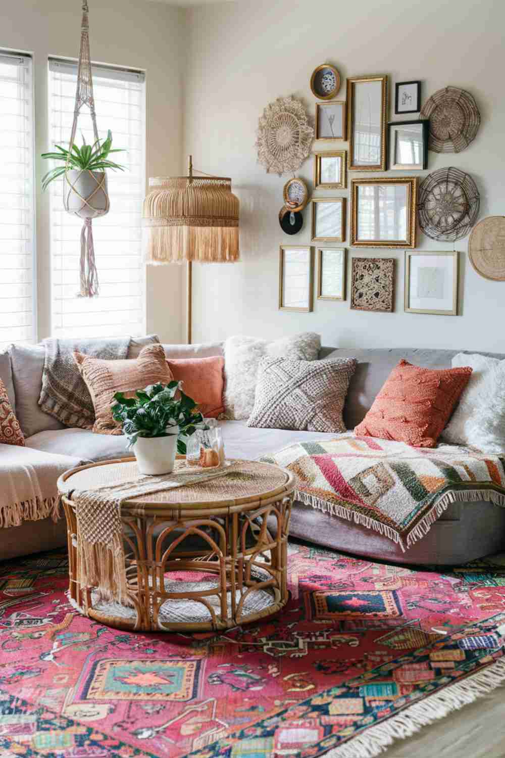 A cozy living room space featuring a boho chic style. The image include sa plush, patterned area rug with vibrant colors, a rattan coffee table adorned with a macramé table runner, and a mix of throw pillows in various textures and patterns on a large, comfortable sectional sofa. A bohemian-style floor lamp with a fringed shade, and a hanging plant in a macramé holder. A wall adorned with an eclectic gallery of framed art and woven wall hangings.