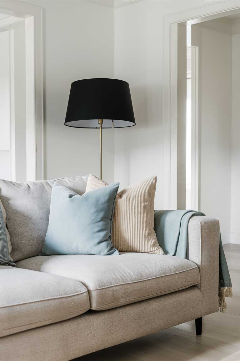 A living room vignette featuring a light gray sofa with pale blue and beige throw pillows.