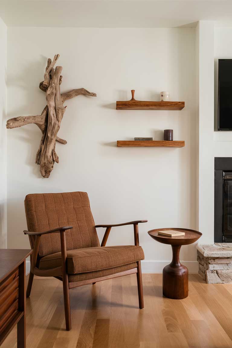 A living room vignette demonstrating timeless, sustainable design. A classic mid-century modern chair in rich, sustainably sourced teak wood sits next to a simple, well-crafted side table. On the wall, a piece of driftwood has been repurposed into a unique shelf, holding a few carefully chosen objects. The overall aesthetic is clean, organic, and timeless.