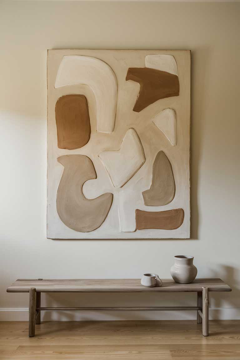 A living room wall featuring a large, unframed abstract painting. The painting uses muted earth tones and organic shapes, complementing the minimalist aesthetic of the room. Below the painting, a simple wooden bench with a few ceramic pieces maintains the organic, minimalist theme.