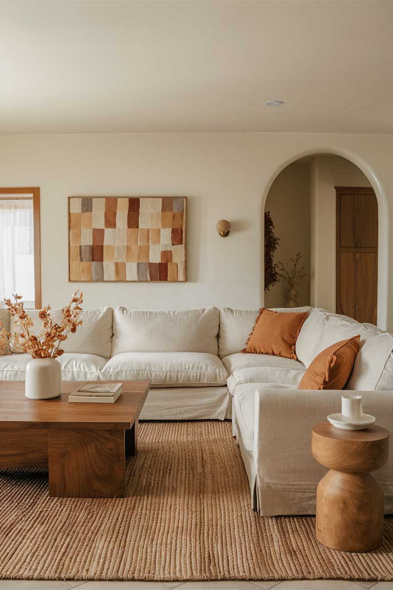 A living room with a beige sectional sofa, a wooden coffee table, and a neutral-colored rug. Warm-toned decor pieces in shades of beige and brown add warmth to the space.