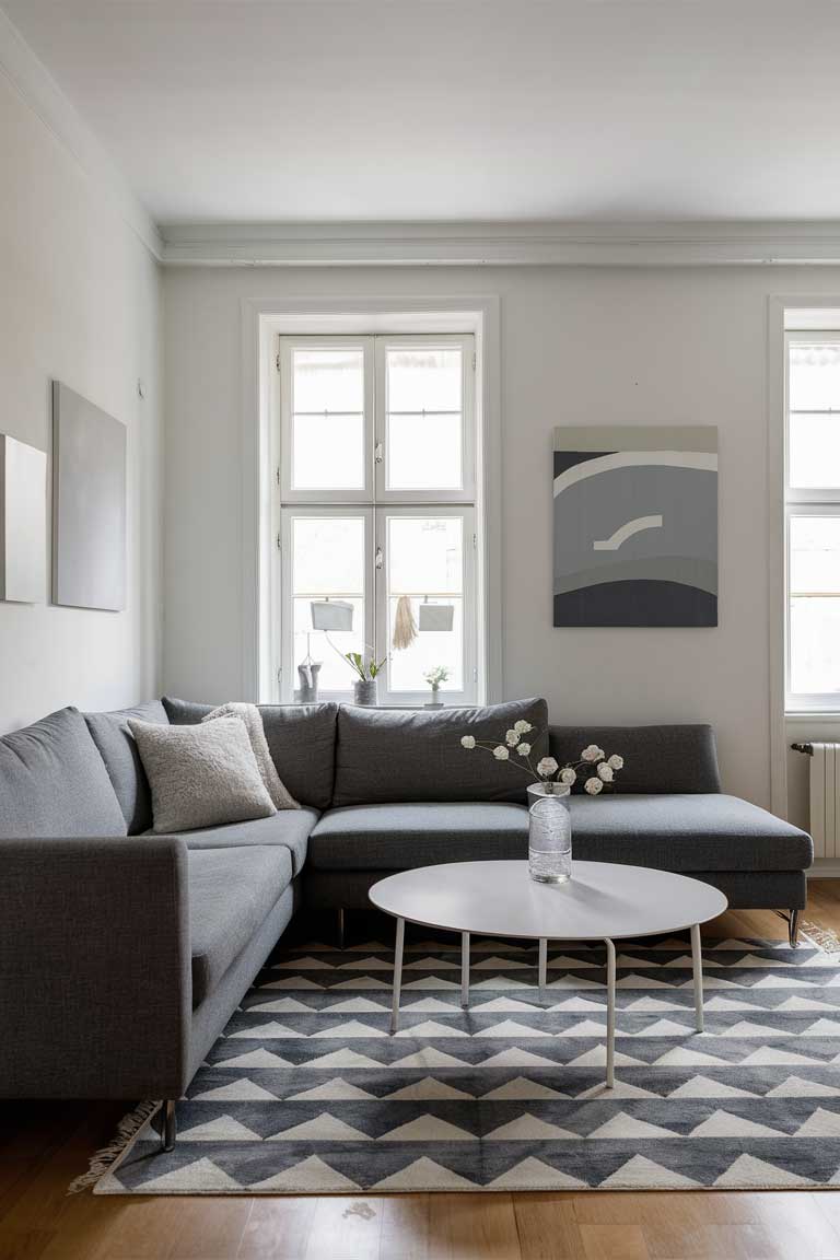 A living room with a gray sectional, a simple white coffee table, and a gray-and-white geometric rug. Minimalist art in shades of gray and white adorns the walls.