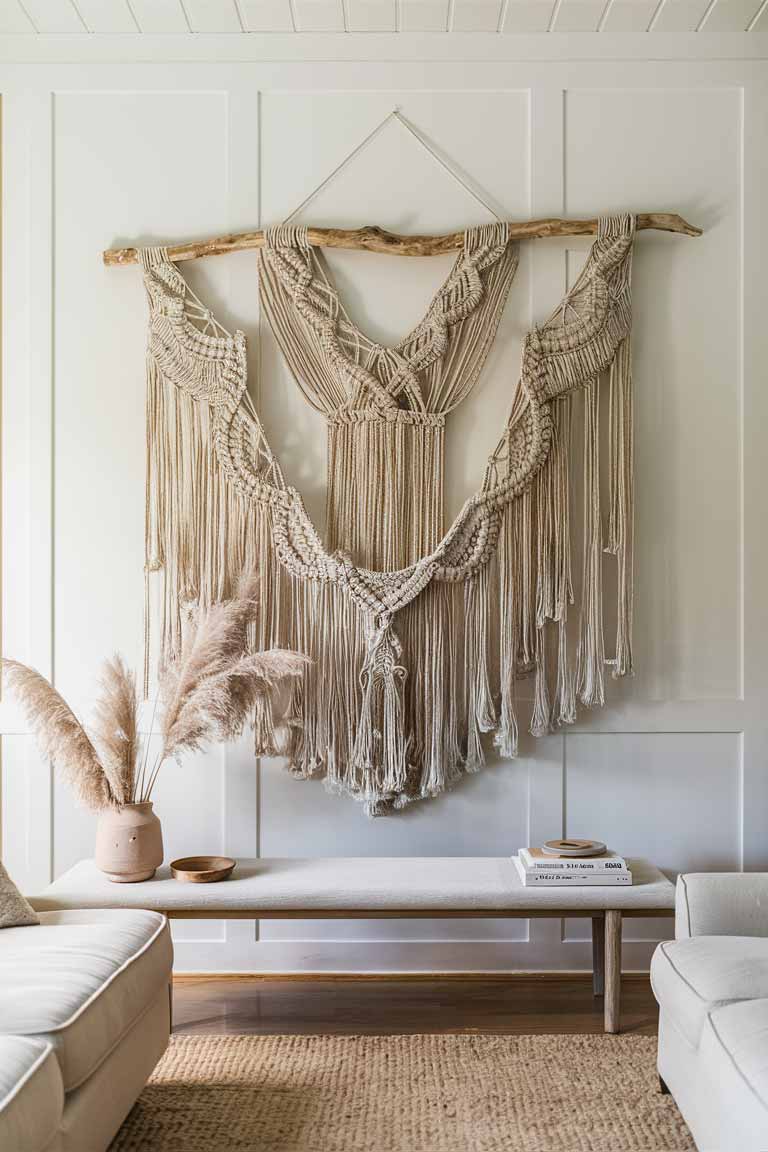 A living room with a large, white wall dominated by a single piece of art. The artwork is an oversized macramé wall hanging in natural cotton, with intricate knotwork creating subtle patterns and textures. The piece hangs from a simple wooden dowel and extends almost from ceiling to floor. Below it, a low wooden bench with a few carefully arranged objects - a ceramic vase with dried pampas grass and a small stack of art books - completes the vignette.