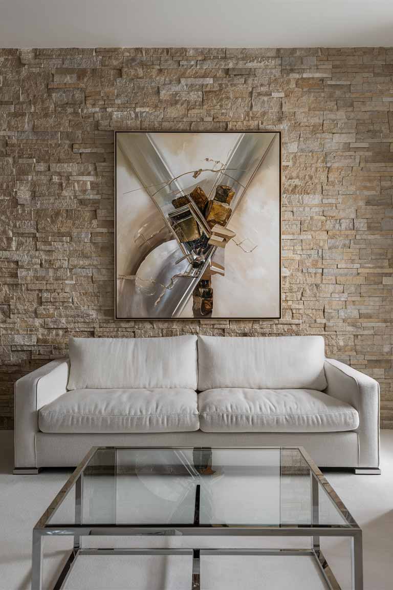 A living room with a stone accent wall, a glass coffee table, and a simple white sofa. A large abstract painting with stone and glass elements hangs on the wall.