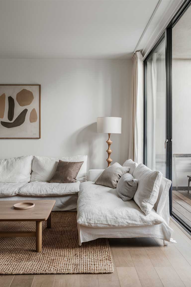 A living room with a white linen sofa, a simple wooden coffee table, and a few minimalist decor pieces in neutral tones. A large floor-to-ceiling window allows for ample natural light, enhancing the minimalist elegance.