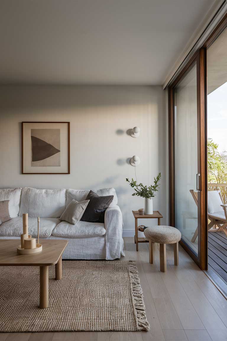 A living room with a white linen sofa, a simple wooden coffee table, and a few minimalist decor pieces in neutral tones. A large floor-to-ceiling window allows for ample natural light.