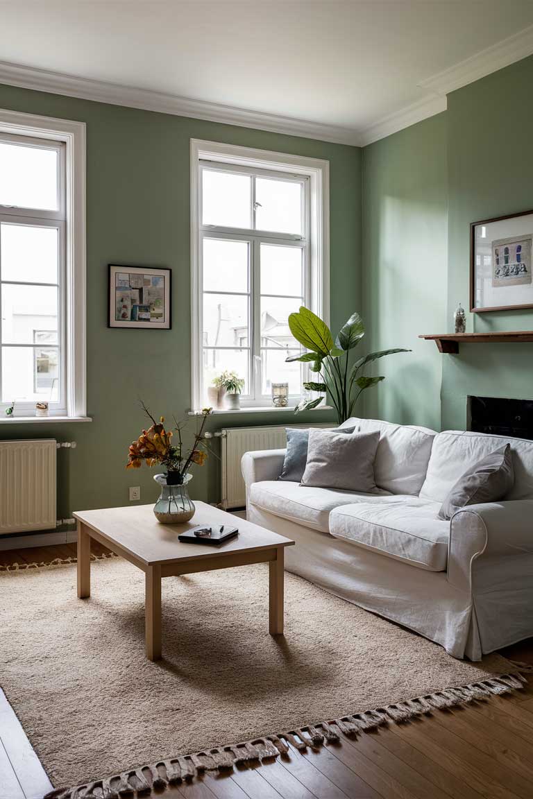 A living room with all walls painted in sage green, featuring a white sofa, light wood coffee table, and cream-colored rug.