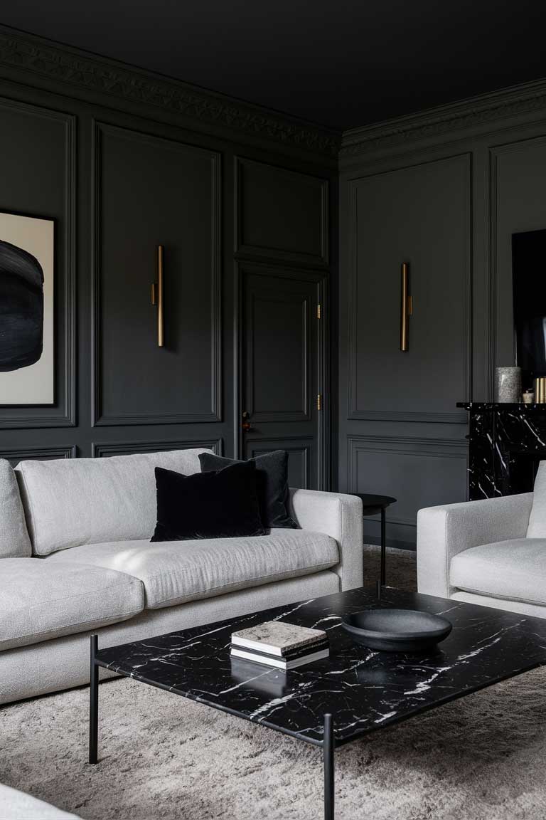 A living room with dark walls, a light gray sofa, and a black marble coffee table. Minimalist lighting fixtures and a few dark-themed decor pieces complete the elegant and sophisticated look.