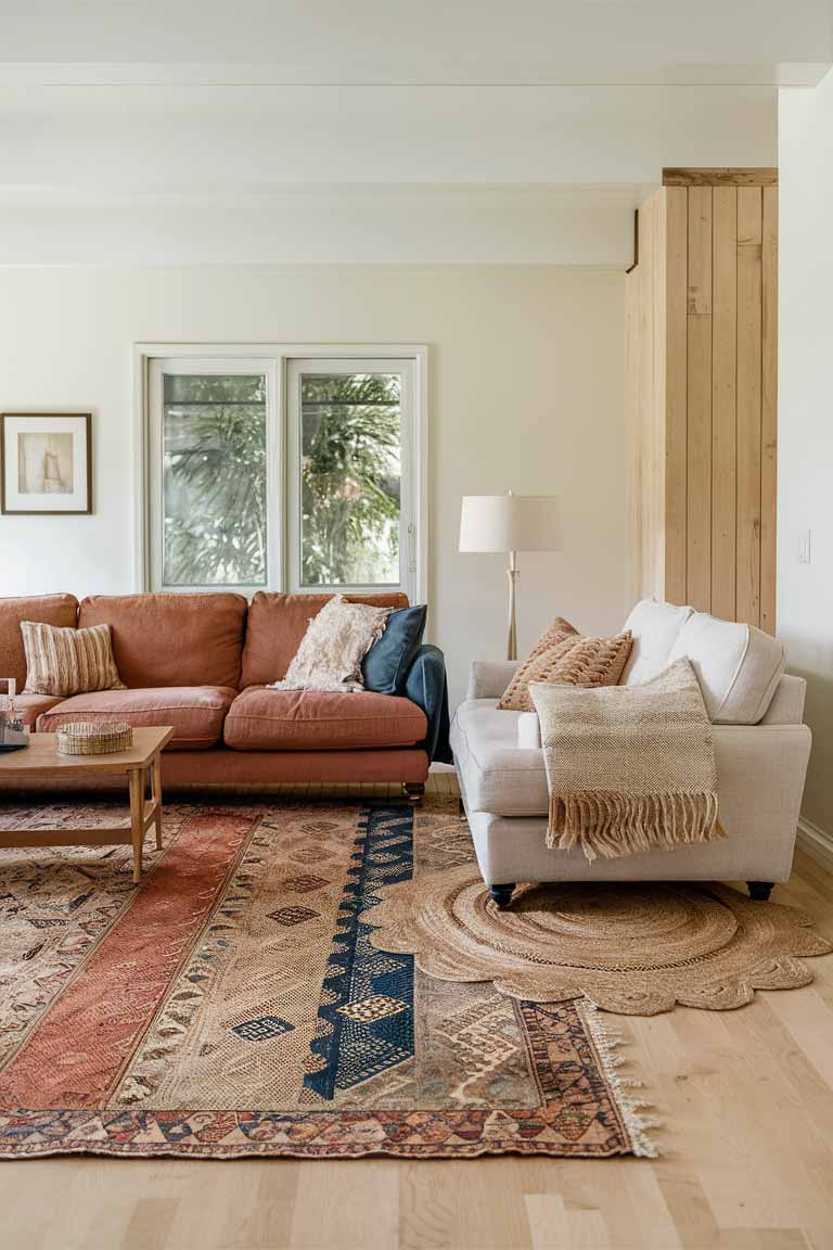 A living room with light hardwood floors. A large, vintage-inspired kilim rug in muted tones of rust, navy, and cream covers most of the seating area. Beside it is a smaller, natural jute rug. The combination adds depth and interest to the floor, while the muted colors and natural textures perfectly complement the boho minimalist aesthetic.