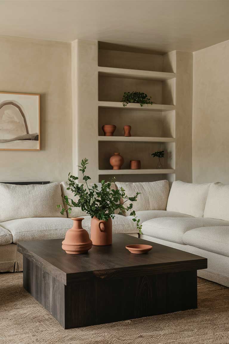 A living room with neutral earth tones, a beige sectional sofa, and a dark wood coffee table. Simple, elegant clay pots with green plants are placed on the table and shelves.