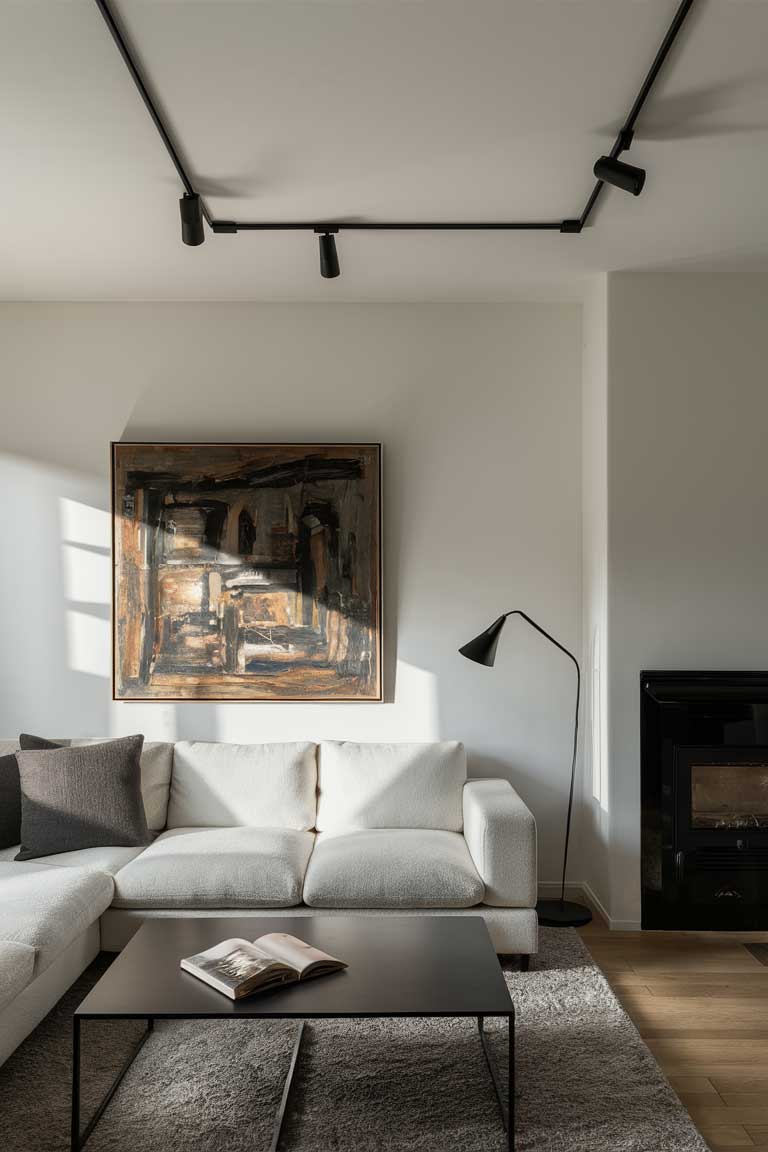 A living room with minimalist black track lighting mounted on a white ceiling. The adjustable spotlights are directed to highlight a modern, abstract painting on the wall, a low white sofa, and a sleek black coffee table.