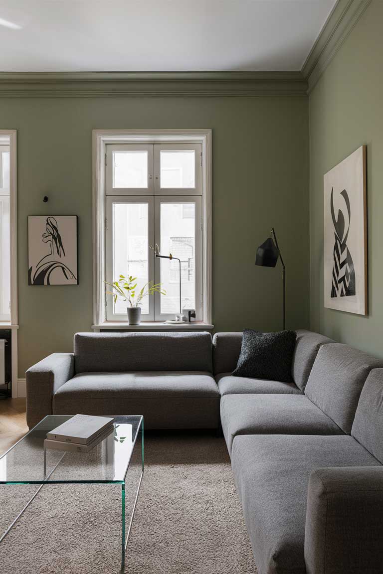 A living room with sage green walls featuring a modern gray sectional sofa.