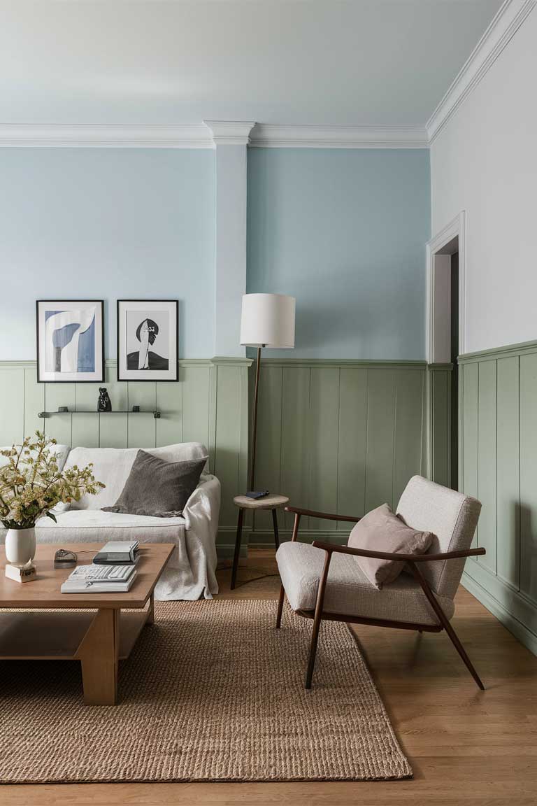 A living room with two-tone painted walls - the lower half in soft sage green and the upper half in light sky blue. The room should feature minimalist furniture in neutral tones.