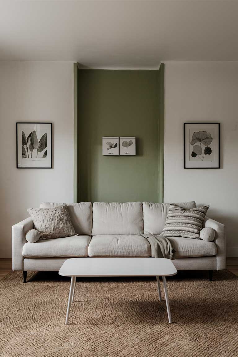 A living room with three white walls and one sage green accent wall behind a grey sofa.