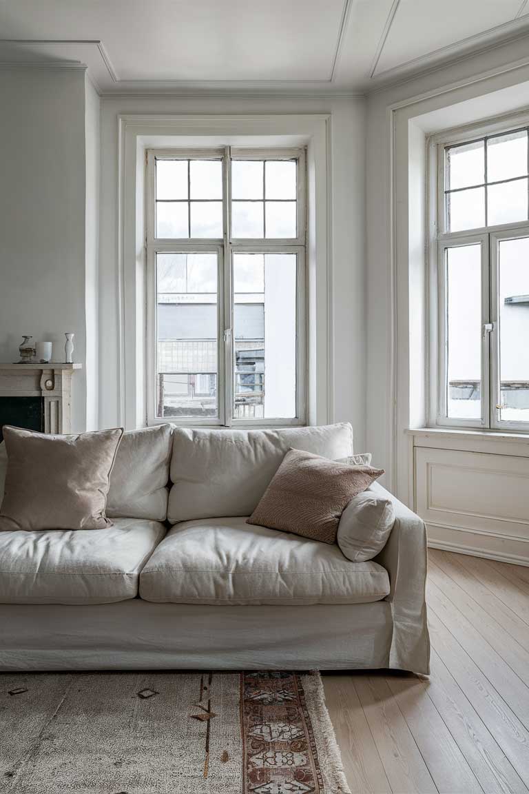 A living room with white walls, a beige sofa, and light wooden floors. Natural light streaming through large windows, highlighting the neutral color palette.