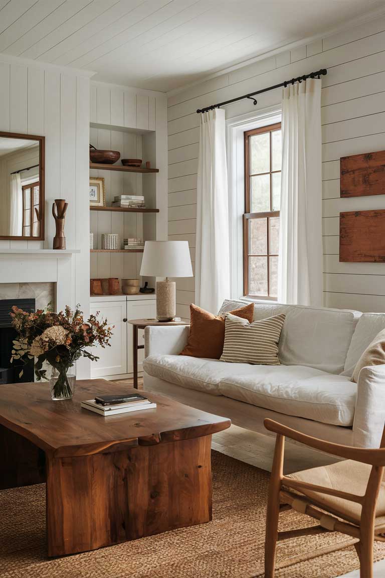 A living room with white walls, a wooden coffee table, and a white linen sofa. Warm-toned wooden decor pieces add a touch of elegance to the space.