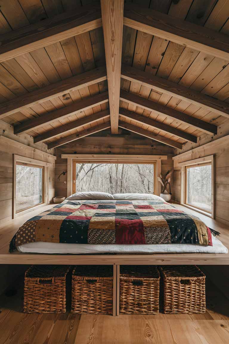 A loft bedroom in a rustic tiny house with wooden ceilings and exposed beams. Show a low-profile bed with a colorful quilted patchwork blanket.