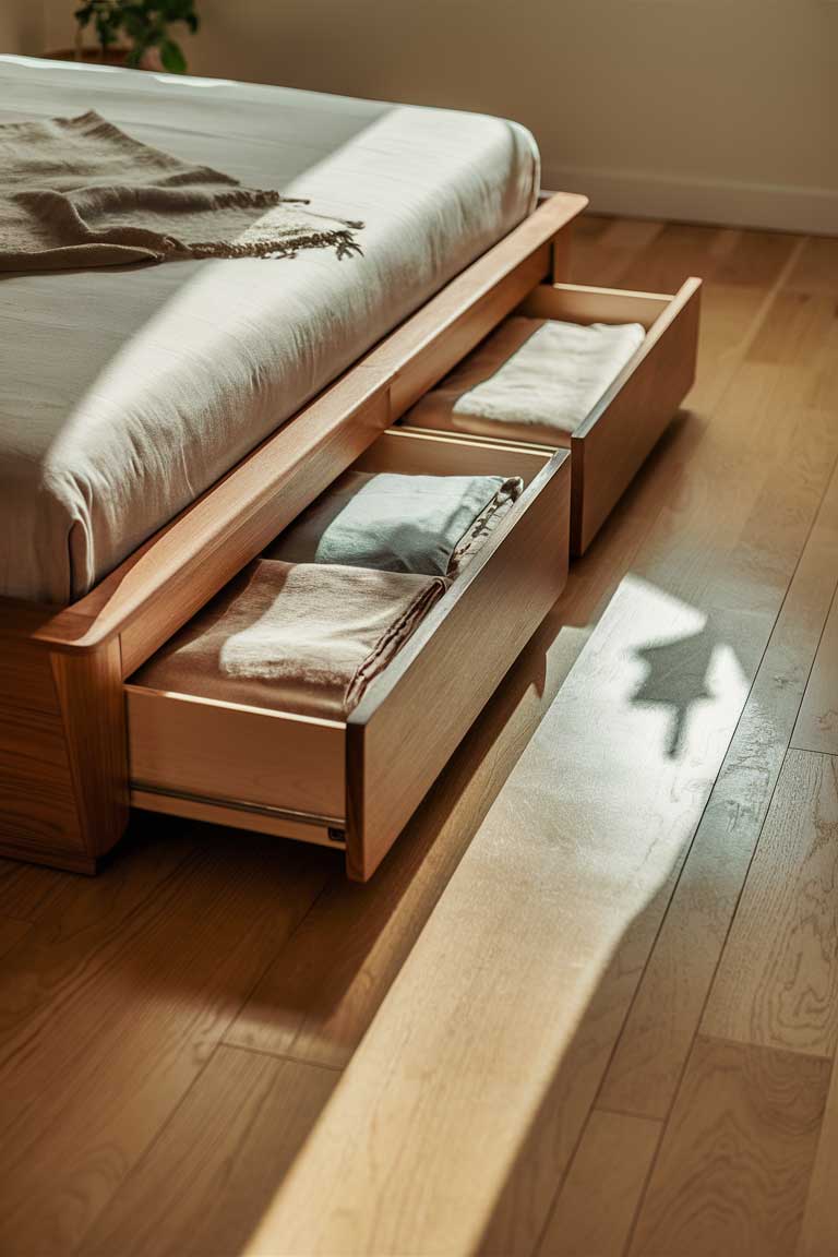 A low-angle shot showing the side of a wooden platform bed with two large drawers built into its base. One drawer is slightly open, revealing neatly folded linens inside. The floor around the bed is clear, emphasizing the efficient use of space.