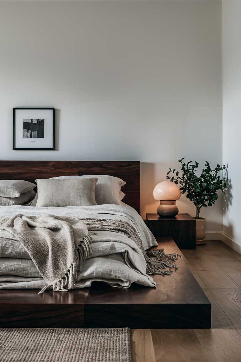 A low platform bed made of dark wood, with a simple headboard. The bed is dressed in white and light gray linens. Next to it, a minimalist dark wood nightstand holds a simple ceramic lamp.