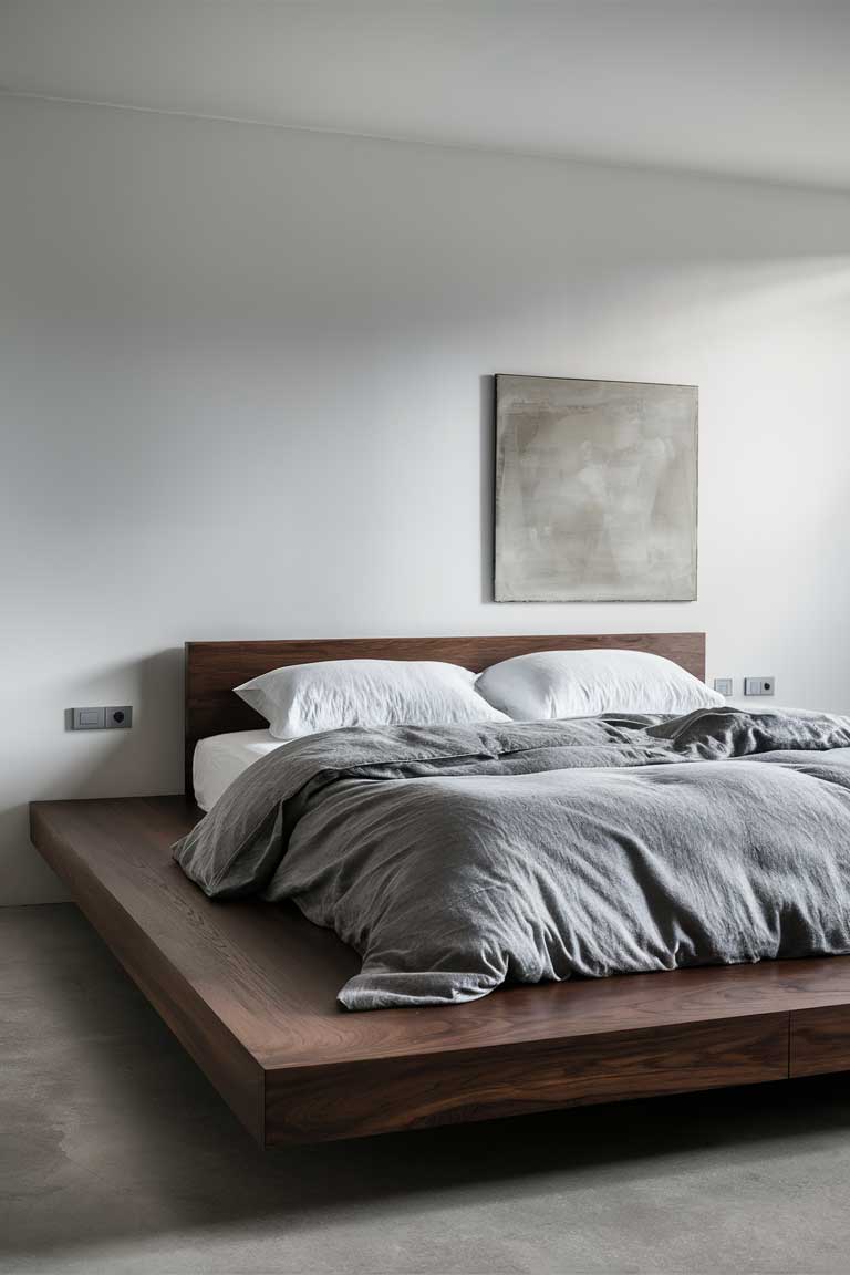 A low-profile platform bed made of dark wood, with no headboard. The bed is dressed in crisp white linens and a light grey duvet, set against a stark white wall.