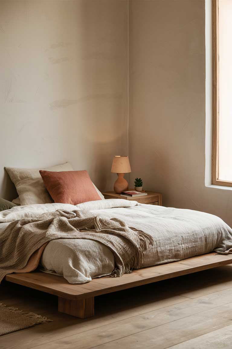 A low wooden platform bed with a simple, clean-lined frame, crafted from warm oak wood. The bed is dressed in soft, layered bedding in off-white linen, accented by a cozy, earth-toned throw blanket draped casually over the foot of the bed. A pair of throw pillows, one in a muted terracotta hue and the other in a deep olive green, adds warmth to the space. A small wooden nightstand with a slightly weathered finish sits beside the bed, topped with a minimalist ceramic lamp with a soft, warm glow. A few personal touches, like a small potted plant and a book, rest on the nightstand. The walls are a soft, warm gray with subtle texture, adding depth to the room. Natural light pours in through a large, unadorned window, casting gentle shadows on the hardwood floor. A plush, woven rug in a neutral tone lies beneath the bed, grounding the space and enhancing the cozy atmosphere.