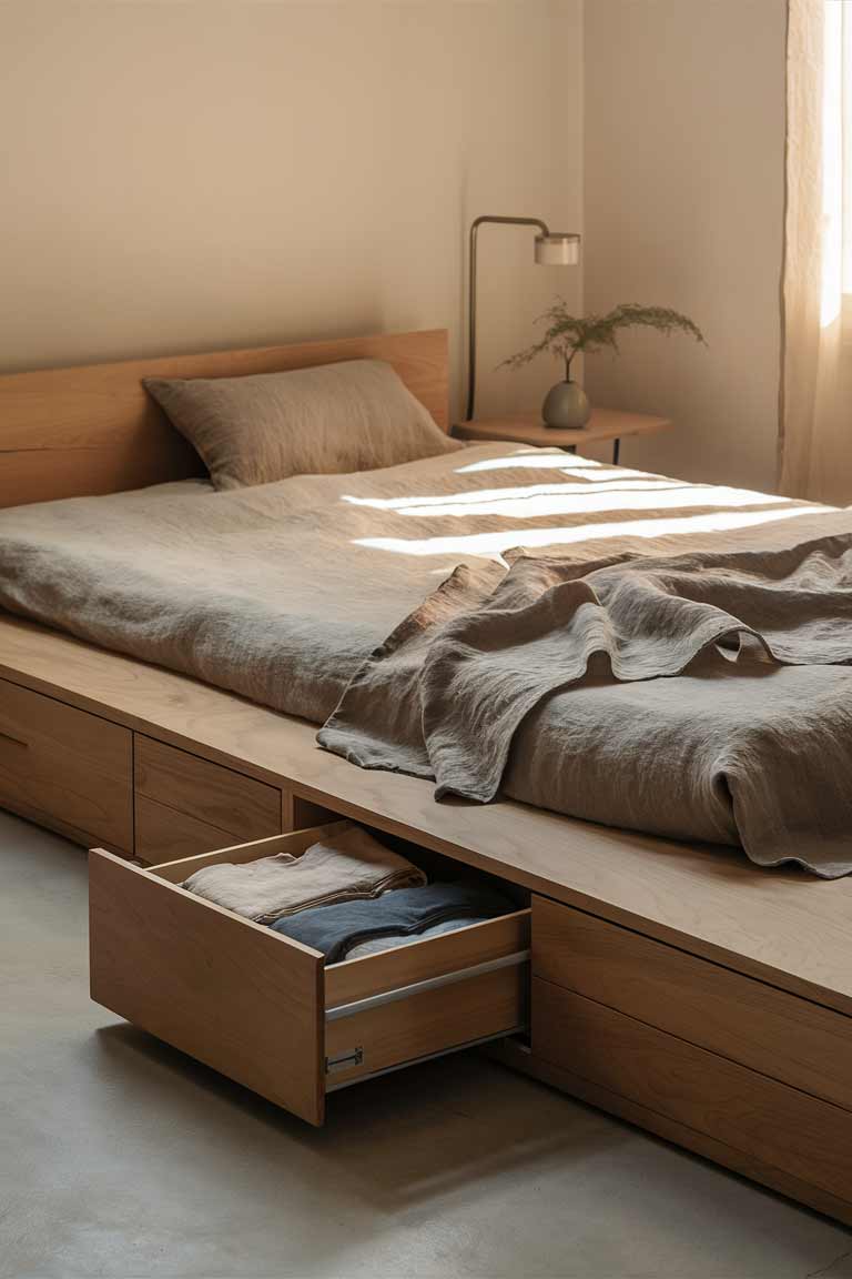 A low wooden platform bed with several drawers built into its base. One drawer is partially open, revealing neatly folded clothes inside. The bed's clean lines and light wood finish complement the room's minimalist aesthetic.