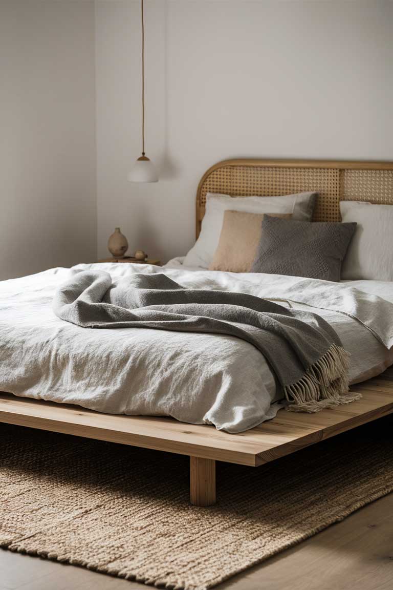 A low wooden platform bed with clean lines, made from light oak. The bed is dressed in crisp white linen bedding with a soft grey throw blanket folded at the foot. A simple rattan headboard adds texture without bulk.